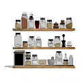 Neatly Arranged Glass Spice Jars On Wooden Shelves For Kitchen Organization