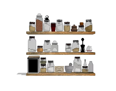 Neatly Arranged Glass Spice Jars On Wooden Shelves For Kitchen Organization 3d model