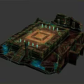 3D Game Scene Model With Square Central Area Stone Walls Stairs Flags And Blue Water