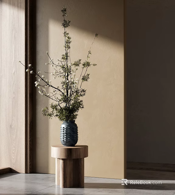 Dark Blue Vase With White Small Flowers And Green Branches On Wooden Round Stand Light Wall Background 3d model 