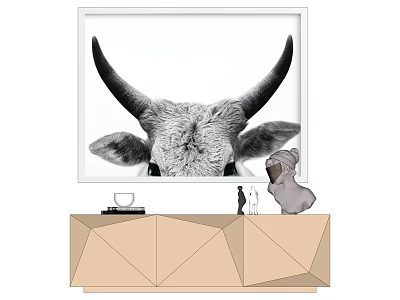 Black and White Cow Head Animal Painting Hanging Above Geometric Cabinet With Plush Toy Cat Figurine 3d model
