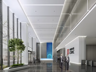 Modern Reception Desk In Spacious Lobby With Glass Wall Green Plant And Business People 3d model
