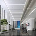 Modern Reception Desk In Spacious Lobby With Glass Wall Green Plant And Business People