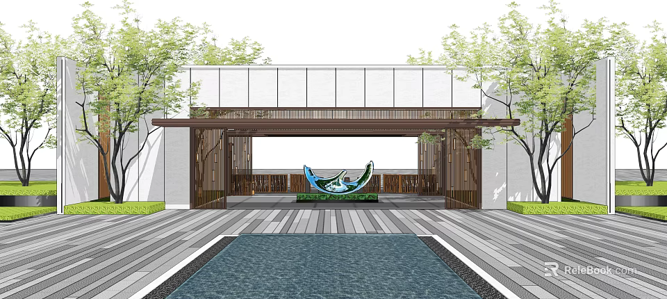 Modern Entrance Gate Design With Wooden Pergola Water Feature And Green Plants 3d model 