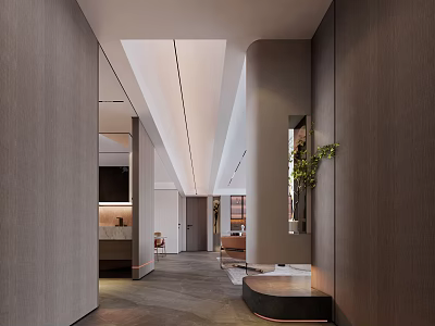 Elegant Modern Entryway Hallway With Grey Walls Ceiling Lines Mirror Plant And Grey Flooring 3d model