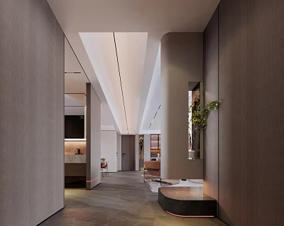 Elegant Modern Entryway Hallway With Grey Walls Ceiling Lines Mirror Plant And Grey Flooring 3d model