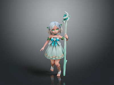 Woman With White Hair Green Eyes In Light Green Dress Holding Green Staff 3d model