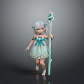 Woman With White Hair Green Eyes In Light Green Dress Holding Green Staff