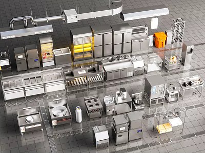 Stainless Steel Commercial Kitchen Equipment With Various Cooking Appliances And Cabinets 3d model