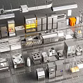 Stainless Steel Commercial Kitchen Equipment With Various Cooking Appliances And Cabinets