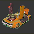 Orange Sports Car With Open Scissor Doors Exposed Red Engine Streamlined Body Black Alloy Wheels