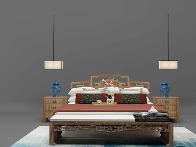 Traditional Chinese Style Double Bed With Mahogany Headboard Blue Vases Nightstands And Hanging Lamps 3d model