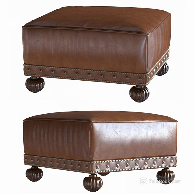 Brown Leather Ottoman With Studded Trim And Decorative Round Feet For Living Room 3d model 