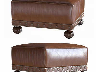 Brown Leather Ottoman With Studded Trim And Decorative Round Feet For Living Room 3d model