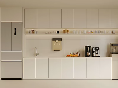 Double Door Refrigerator in Modern Kitchen With White Cabinets And Kitchen Appliances 3d model