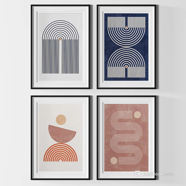 Modern Geometric Abstract Wall Art Prints With Black Frames And Colorful Patterns 3d model