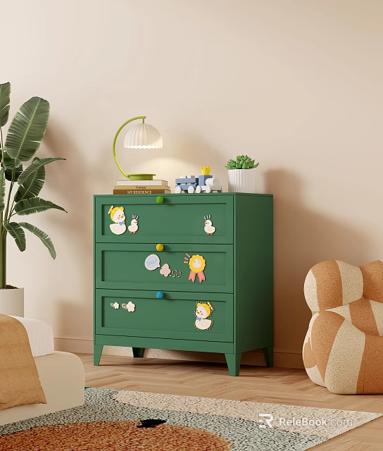 Green Kids Chest of Drawers With Cartoon Stickers Colorful Knobs And Table Lamp 3d model 