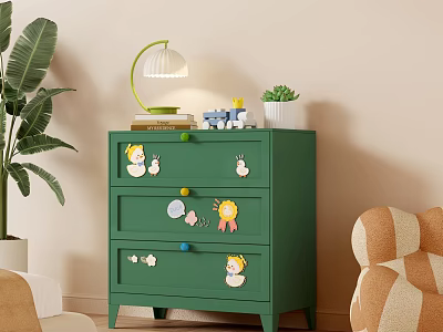 Green Kids Chest of Drawers With Cartoon Stickers Colorful Knobs And Table Lamp 3d model
