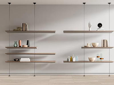 Minimalist Wooden Wall Mounted Shelves With Books Vases And Decorative Items 3d model