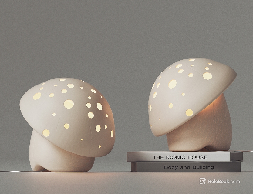 Illuminated White Mushroom Shaped Table Lamp With Dots On Stacked Books 3d model 
