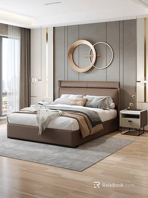 Elegant Modern Double Bed With Brown Headboard White Sheets Gray Pillows And Circular Wall Decor 3d model