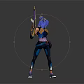 Blue Haired Character Standing With Gun In Purple And Blue Combat Outfit