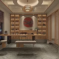 Hotel Corridor Interior With Wooden Ceiling Rattan Chairs Decorative Paintings And Recessed Lighting