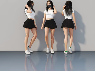 Women Wearing White Tops Black Skirts And Face Masks On Gray Background With Reflections 3d model