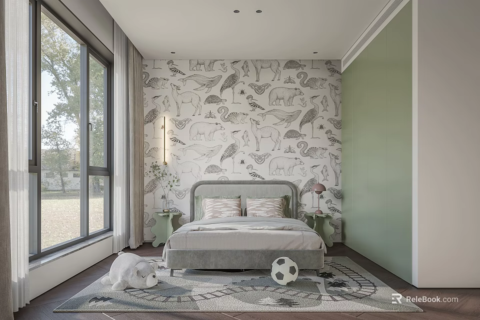 Kids Room Interior With Animal Wallpaper Soft Bed Soccer Ball And Stuffed Animal 3d model 