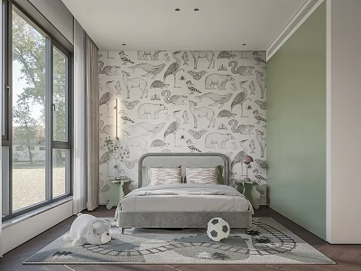 Kids Room Interior With Animal Wallpaper Soft Bed Soccer Ball And Stuffed Animal 3d model