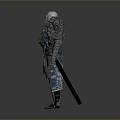 Man with White Hair in Blue Silver Armor and Large Shoulder Ornaments on Gray Background