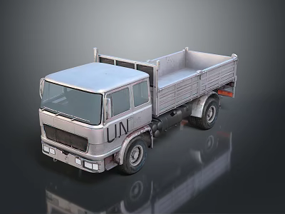 Silver UN Truck Front View With Open Cargo Bed And Reflective Surface 3d model