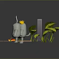Cartoon Characters Blue Figure Green Creatures With Rabbit Ears Near Plants Fence On Reflective Surface