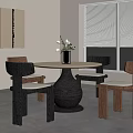 Modern Dining Room With Round Table Vase Flowers Wooden Chairs And Window Blinds