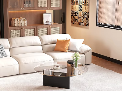 Modern White Sofa and Glass Coffee Table Set with Accent Pillows and Wooden Elements 3d model