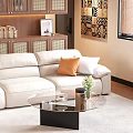 Modern White Sofa and Glass Coffee Table Set with Accent Pillows and Wooden Elements