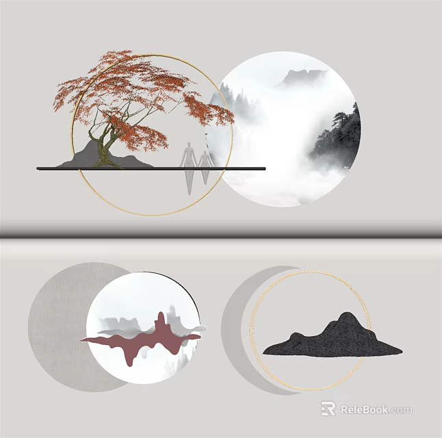 Modern Chinese Wall Decor With Circular Mountain Cloud Mist And Red Tree 3d model
