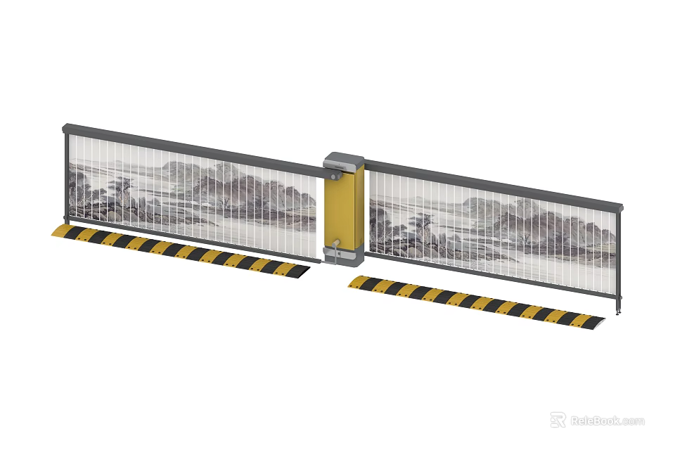 Public Facility Safety Barrier With Transparent Panels Landscape Painting Yellow Connecting Parts And Warning Stripes 3d model 