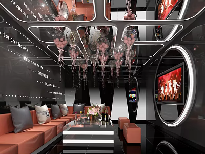 Modern KTV Lounge Interior With Stylish Sofas TV Screen And Decorative Lighting Ambiance 3d model