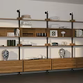 Modern Storage Shelf Unit With Multiple Shelves Wooden Drawers And Decorative Ornaments