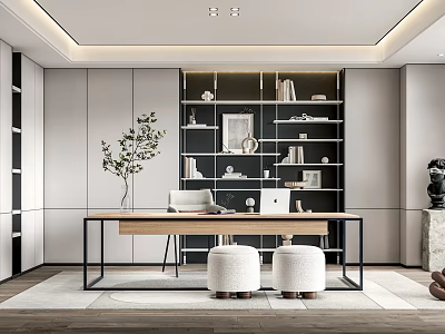 Modern Study Room Interior Design With Wooden Desk White Stools Green Plant And Bookshelf 3d model