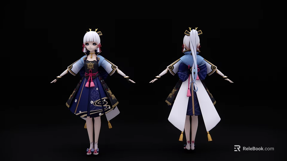 Game Character 3D Model With White Long Hair Traditional Blue Dark Costume Front Back View 3d model