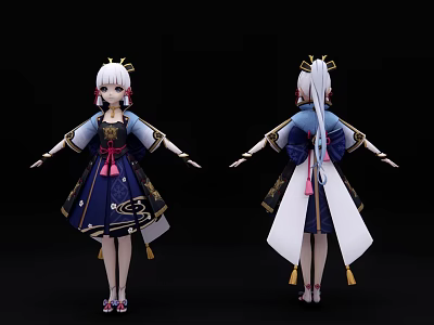 Game Character 3D Model With White Long Hair Traditional Blue Dark Costume Front Back View 3d model