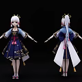 Game Character 3D Model With White Long Hair Traditional Blue Dark Costume Front Back View 3d model