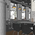 Industrial Style Café Interior With Pendant Lights Large Windows Brick Walls Wooden Tables and Green Plants