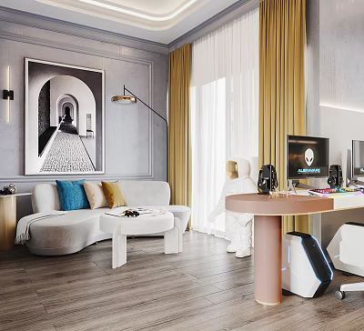 Modern Entertainment Room Interior With Comfortable Sofa Decorative Pillows Computer Headphones And Golden Curtains 3d model