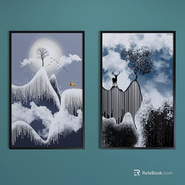 Modern Decorative Wall Art Paintings With Mountain Clouds Deer And Trees 3d model 