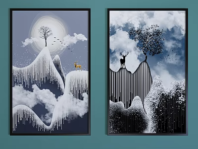Modern Decorative Wall Art Paintings With Mountain Clouds Deer And Trees 3d model