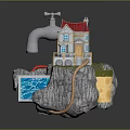 Whimsical Cartoon Scene With Water Faucet Small House Red Roof Rock Pool Rope And Grass