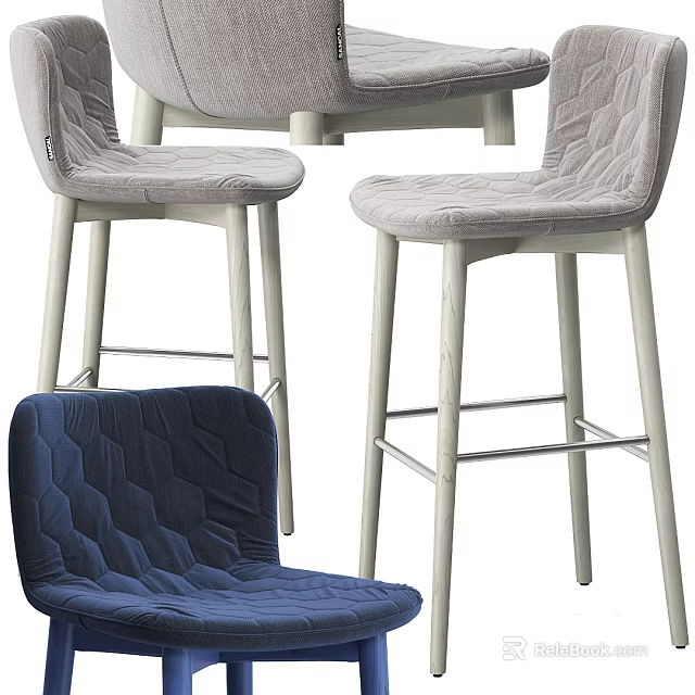 Modern Gray Blue Fabric Bar Stools With Wooden Legs And Padded Comfortable Seats 3d model 